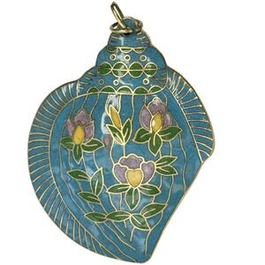 Vintage Cloisonne Enamel Blue Floral Pendant Brass Asian Double Sided 2.5"